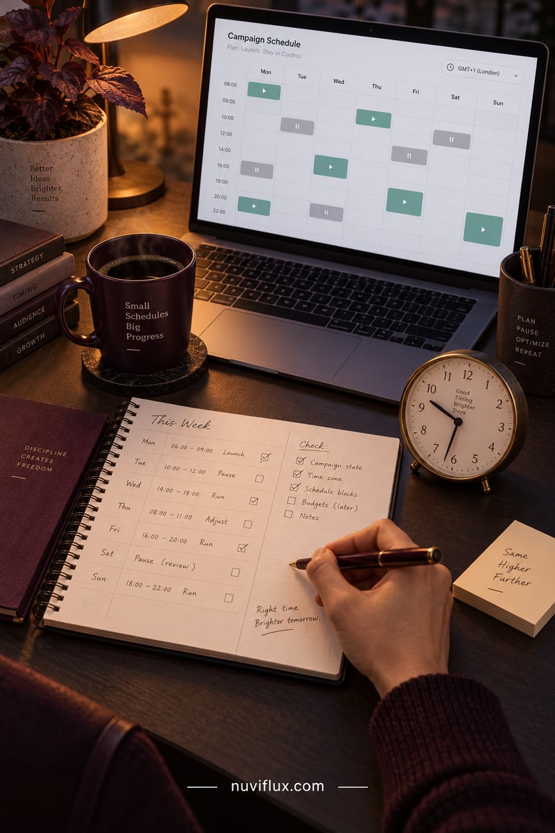 Portrait concept scene of hands marking a weekly ad timetable beside a laptop scheduler and clock.