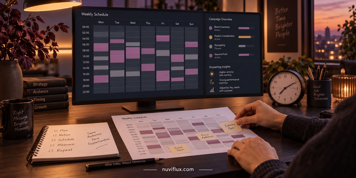 Concept scene of an hourly campaign-planning workstation with a weekly grid, printed timetable and desk clock.