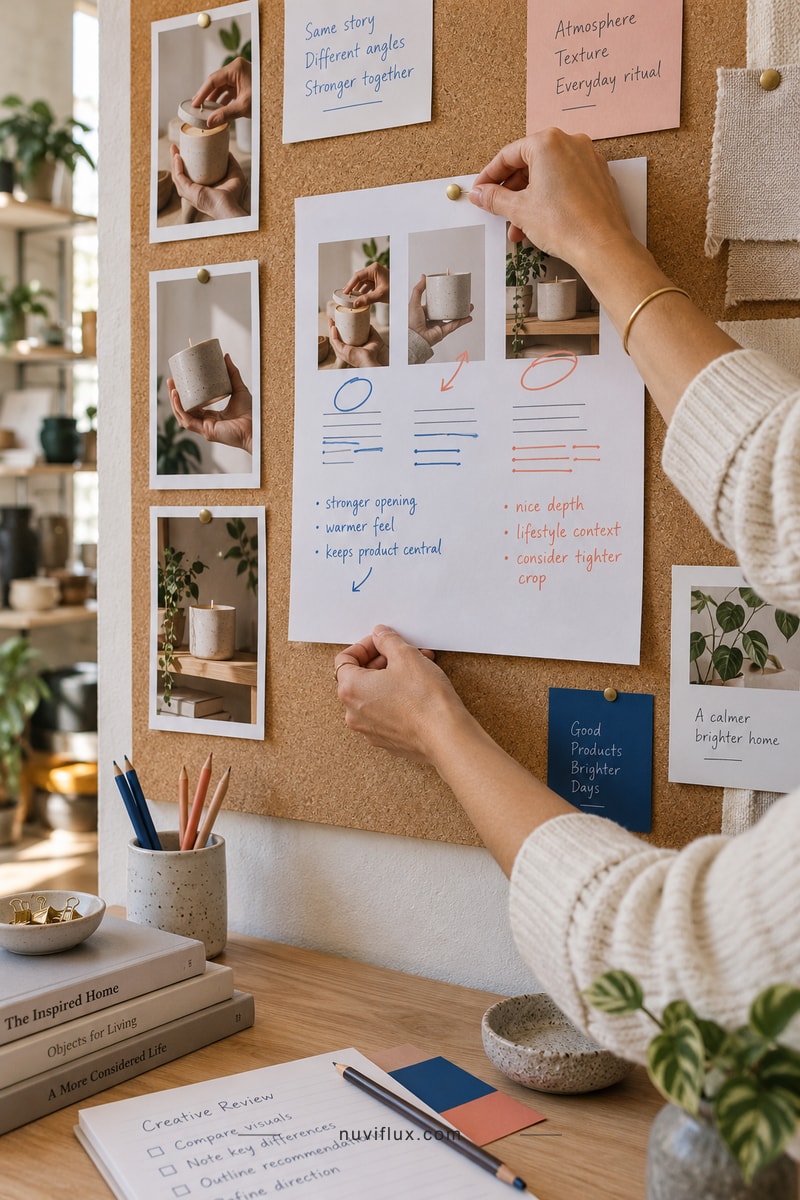 An analyst arranges original product-ad frames and report notes on a corkboard.