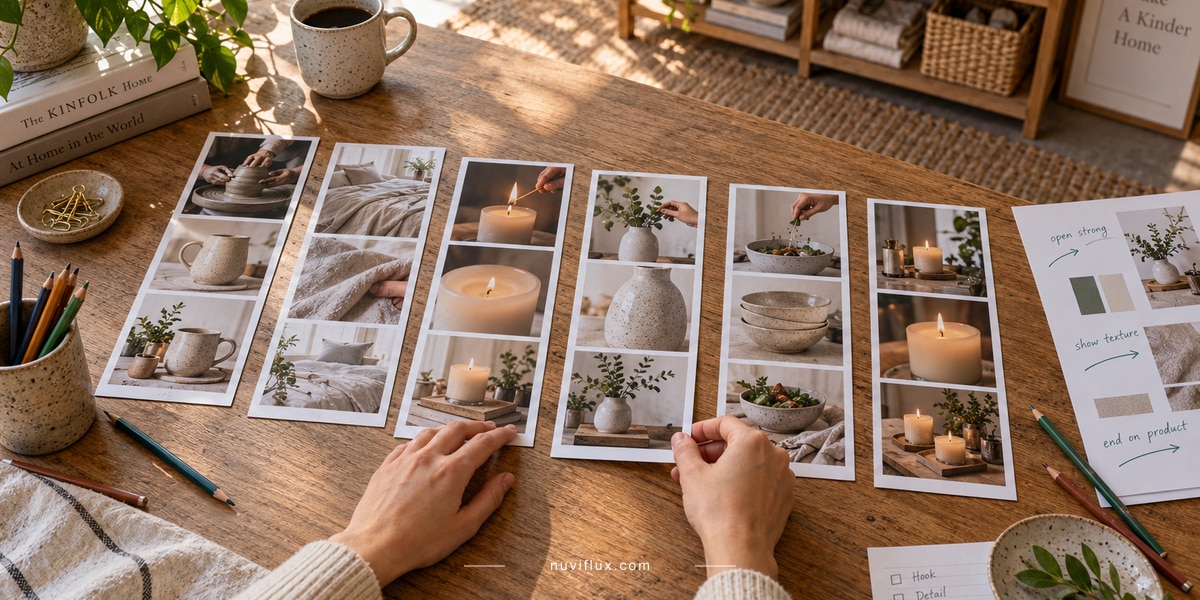 Hands compare original home-goods ad storyboard cards and a report sheet on an oak table.
