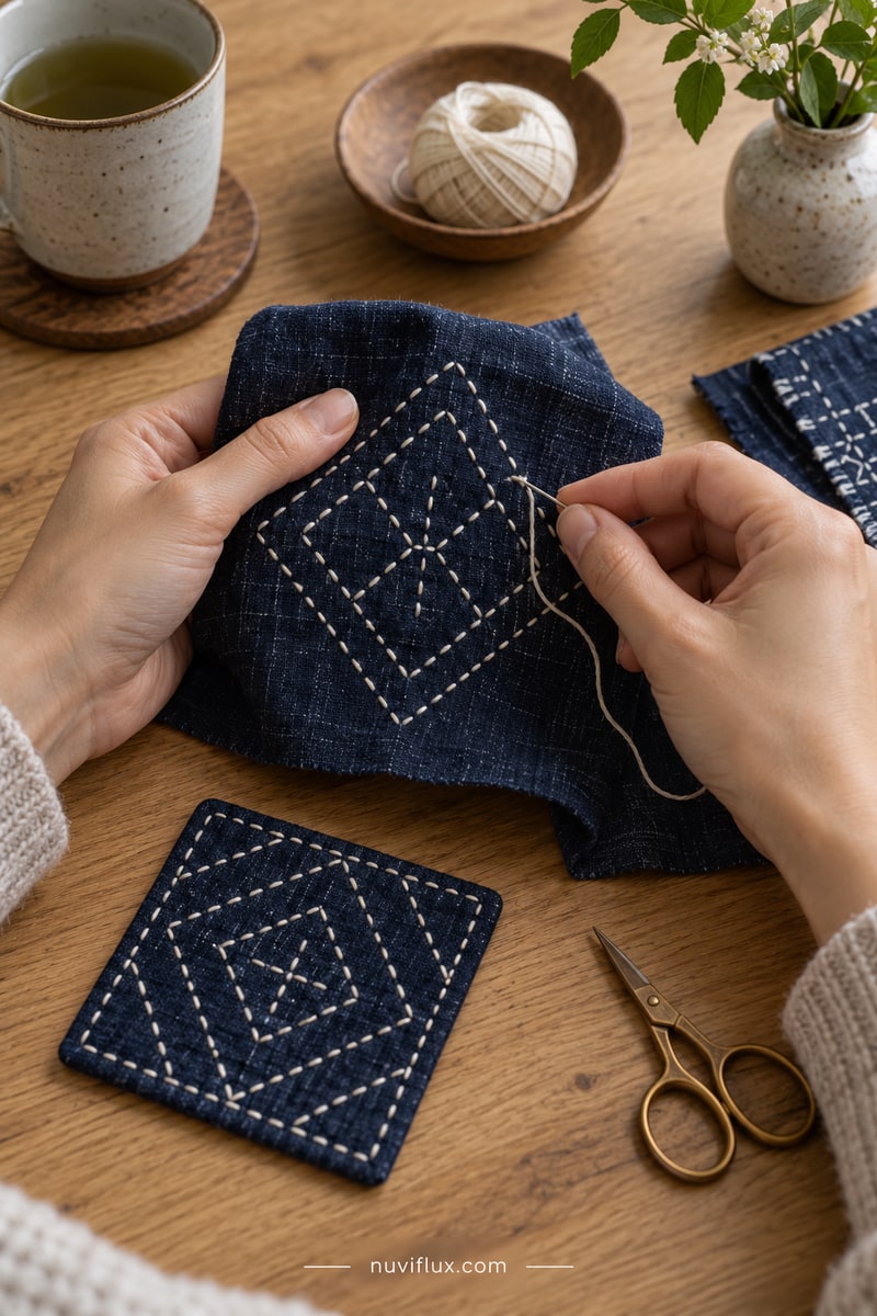 Original portrait concept scene for assemble and sell sashiko embroidery starter kits.