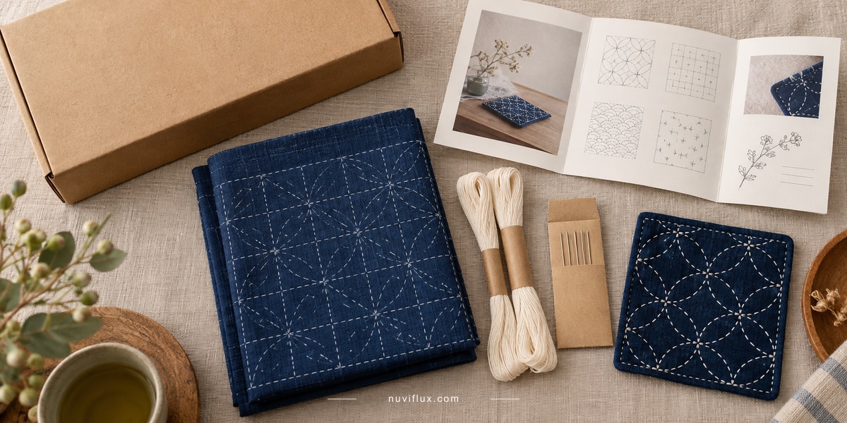 Original wide concept scene for assemble and sell sashiko embroidery starter kits.