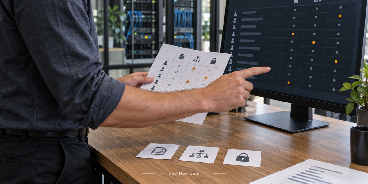 An analyst compares a printed permissions grid with a generic activity list in a server lab.