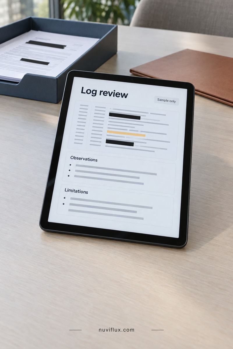 Concept tablet showing preliminary log observations and limitations beside a redacted sample in a document tray.