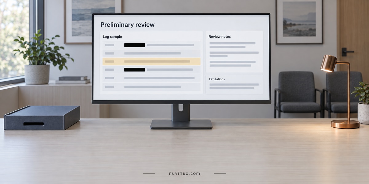 Concept static log-review station with redacted sample rows, review notes and a separate limitations panel.