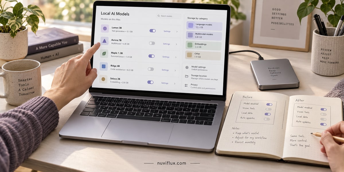 Concept Mac AI settings review with a fictional asset list, notebook and backup drive.