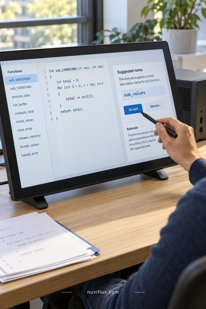 An analyst uses a pen display to review a suggested function name before accepting it.