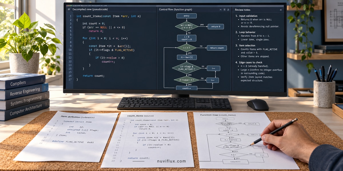 An analyst compares a demo program’s code and flow diagram with printed reference pages.