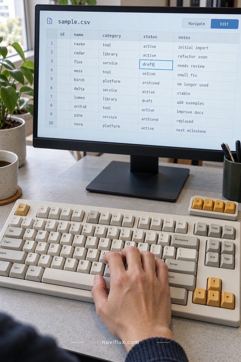 Close view of a keyboard and a conceptual CSV grid with navigation and editing modes.