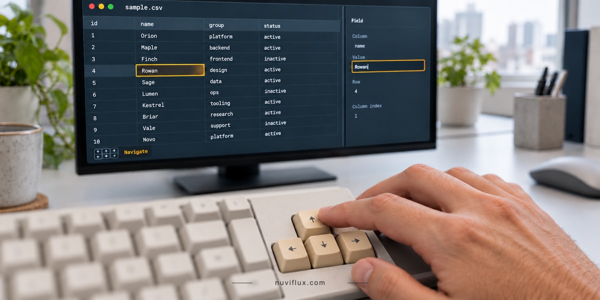 A developer uses a keyboard beside an original CSV editor concept with a selected cell and fictional sample data.