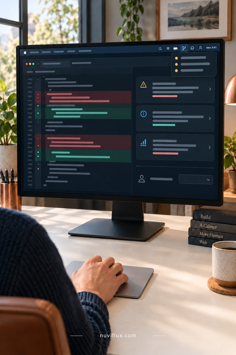 Concept workspace showing a pull-request review panel with a human-controlled decision beside the code changes.