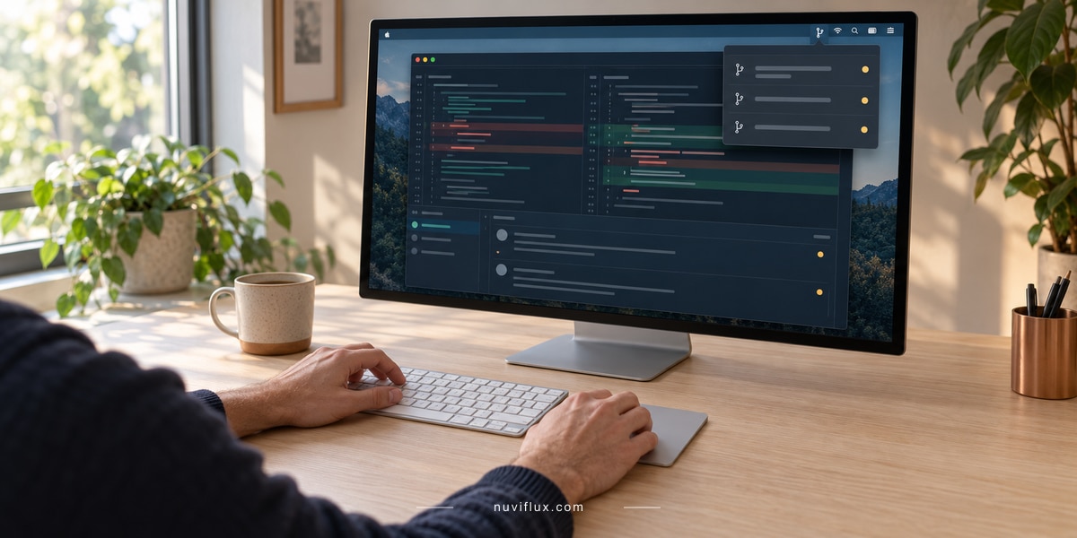 Concept close-up of a desktop display with a menu bar review list above a code diff.