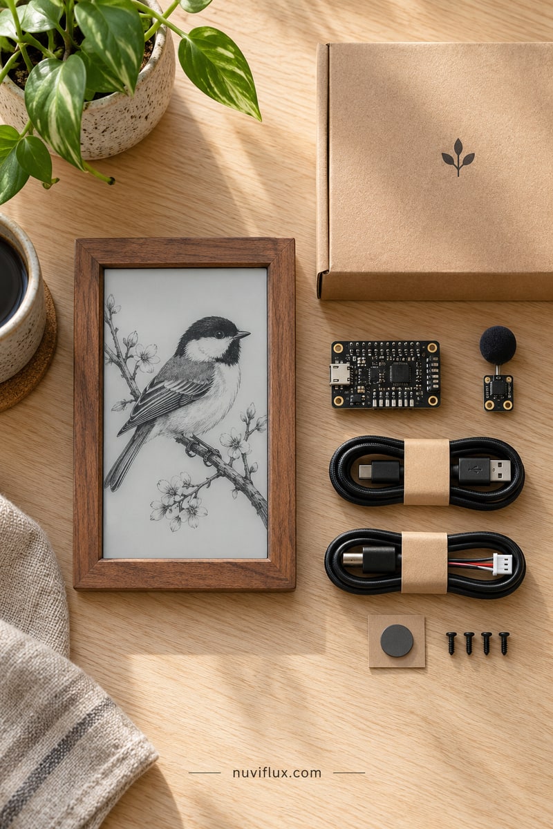 Original portrait concept scene for build a plug-and-play bird-drawing e-ink frame kit.