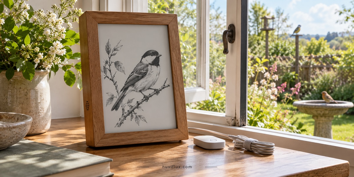 Original wide concept scene for build a plug-and-play bird-drawing e-ink frame kit.