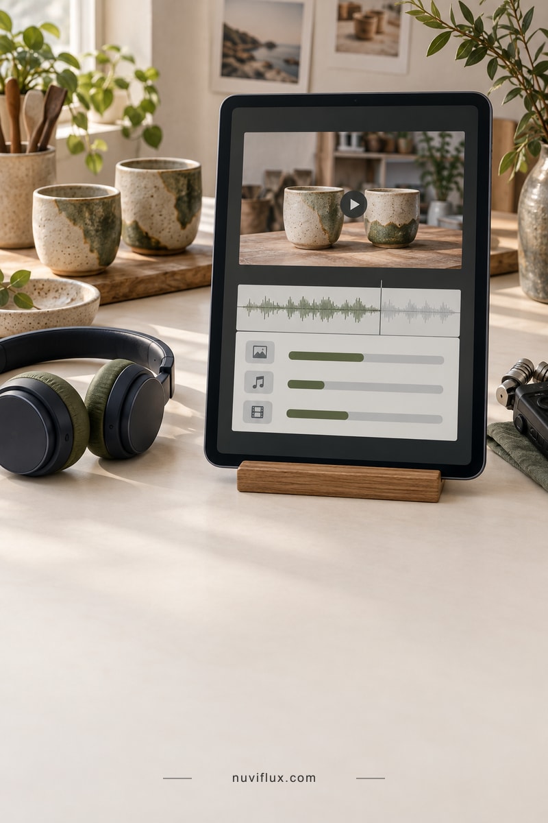 Concept portrait view of a media classification tablet beside headphones and original product-video materials.