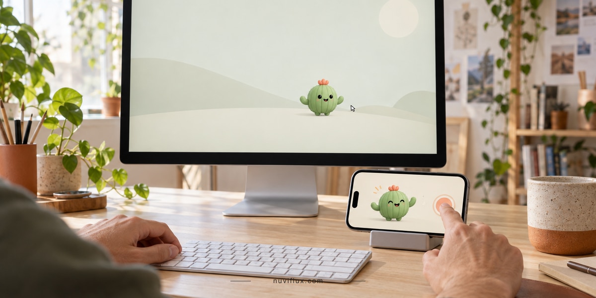 A hand taps a phone showing an original cactus character, with a matching character on a desktop display.