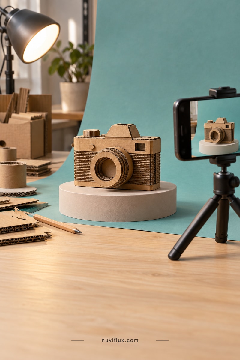 Original cardboard camera prop displayed on a small video set beside a smartphone on a tripod.