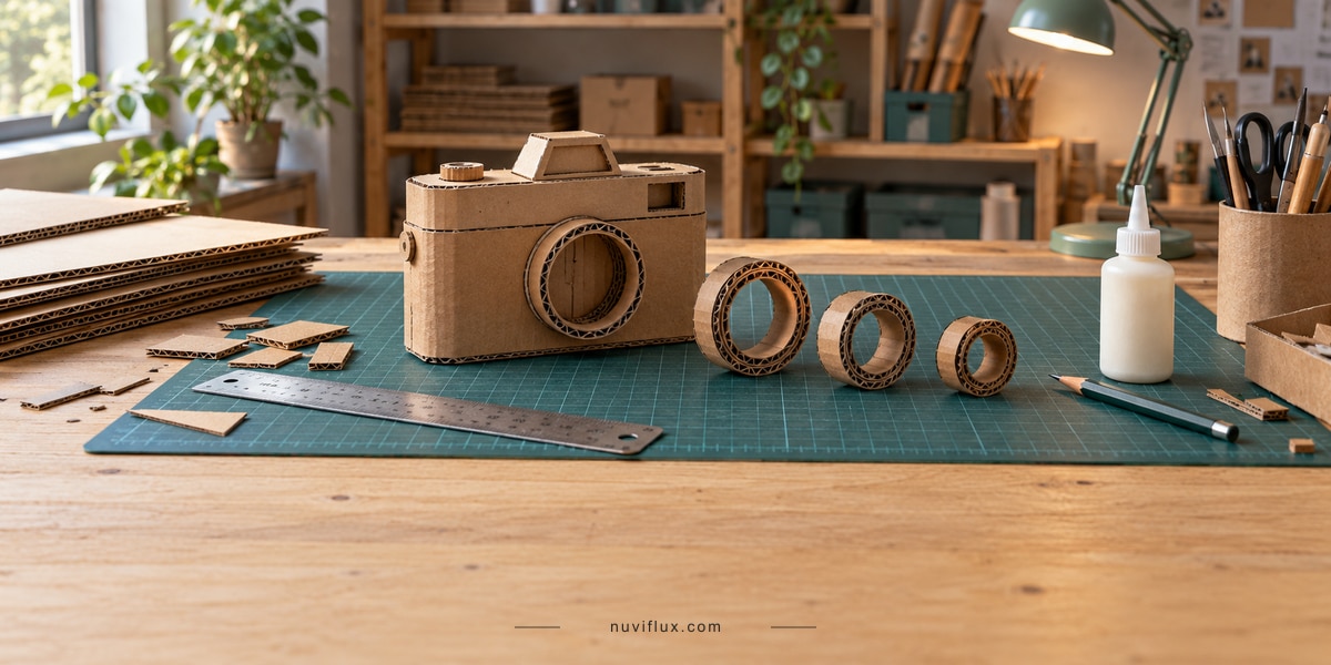 Concept craft workbench with a partially assembled cardboard camera prop, separate corrugated lens rings and fabrication tools.