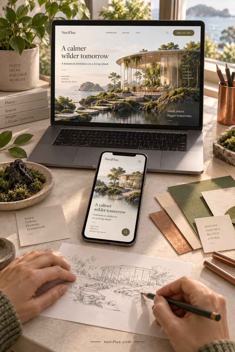 Original vertical concept scene for build interactive 3d landing pages with ai assets.