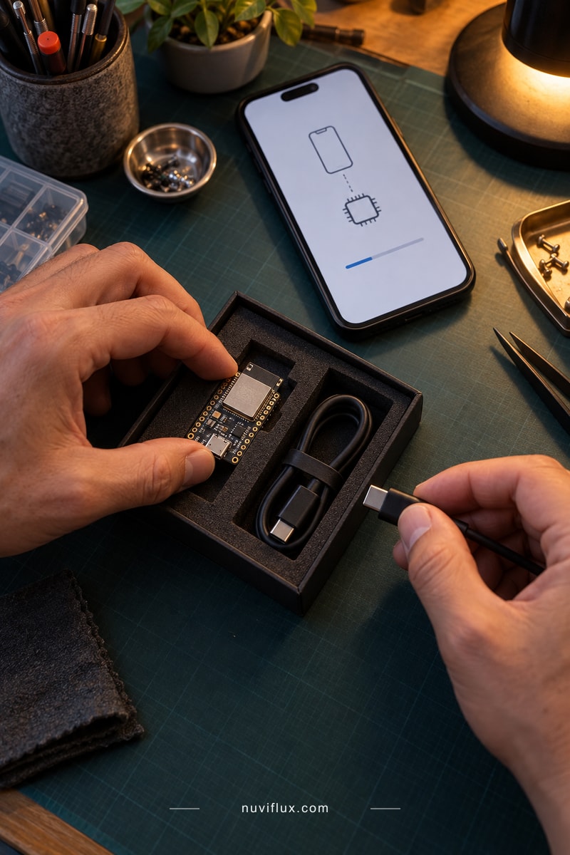 A maker arranges a small board and cable in a single prototype tray beside a phone.