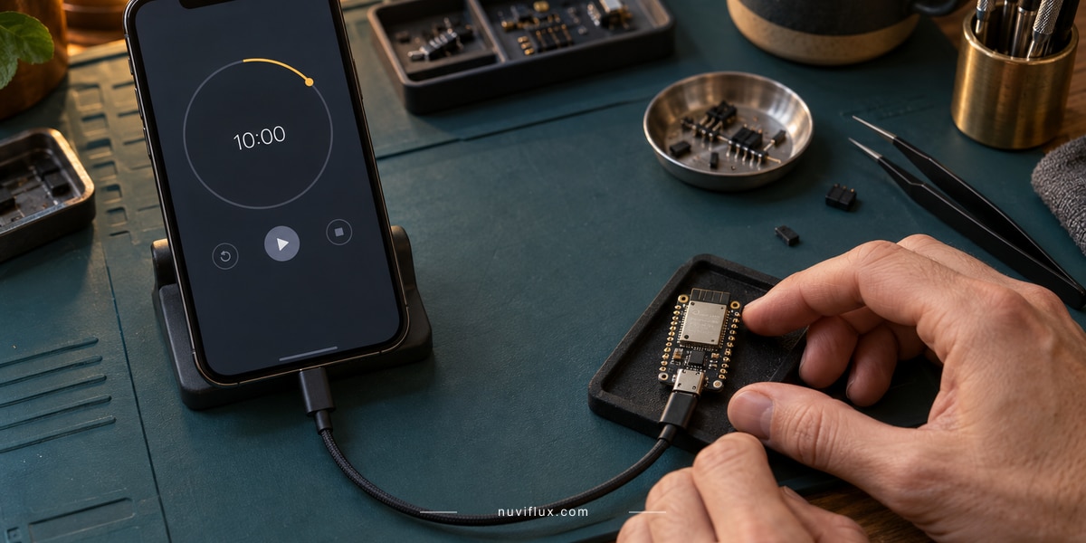 Hands inspect a small microcontroller board connected by USB data cable to a phone on a workbench.