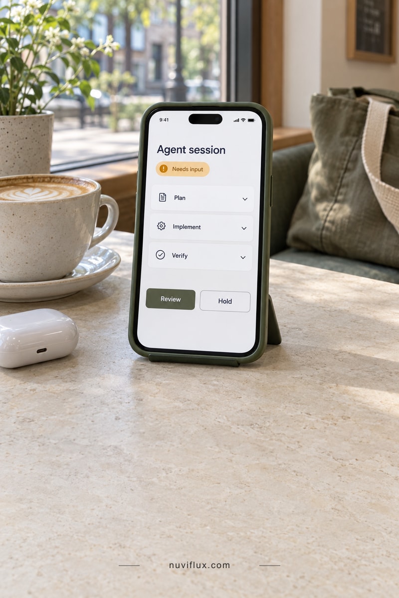 Concept mobile agent interface awaiting input on a phone at a cafe table, beside a coffee cup and earbud case.