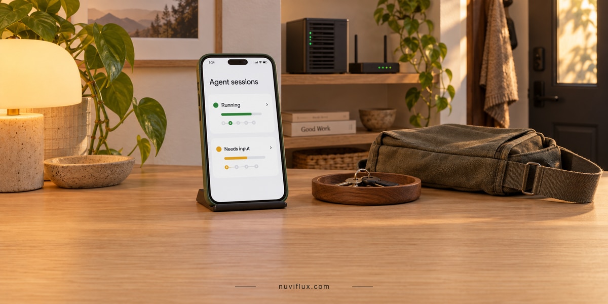 Concept phone interface showing agent-session states on a home entryway console, with a bag and a small host nearby.