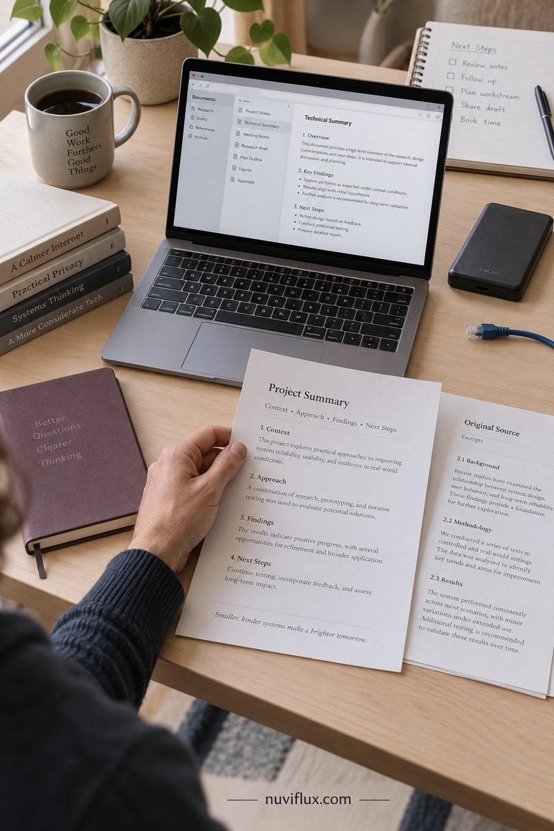 Portrait concept scene with source pages, a sample summary and a laptop on a pale wooden desk.