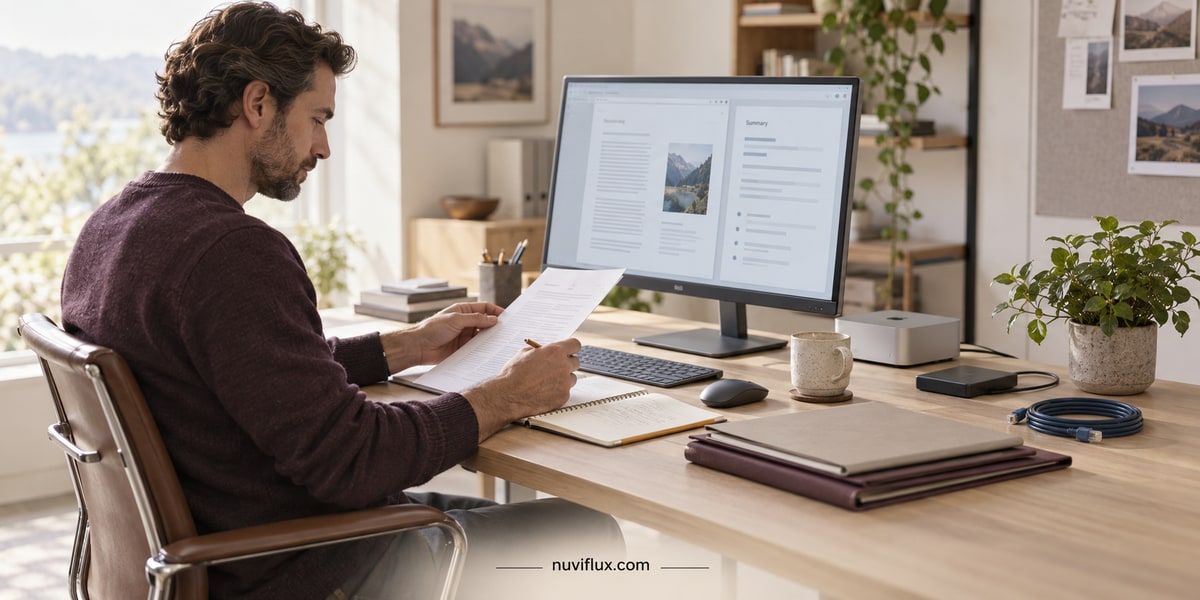 Concept scene of a consultant reviewing documents beside a desktop computer and disconnected network cable.