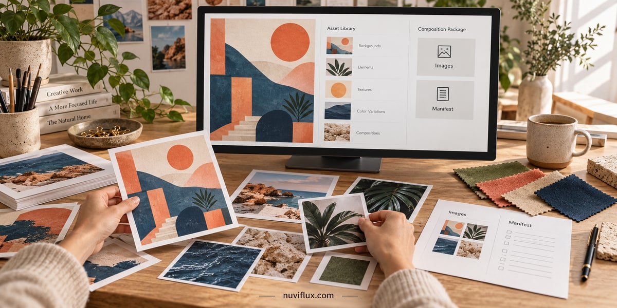 Concept scene of a composition studio with image thumbnails, color swatches and a package manifest.