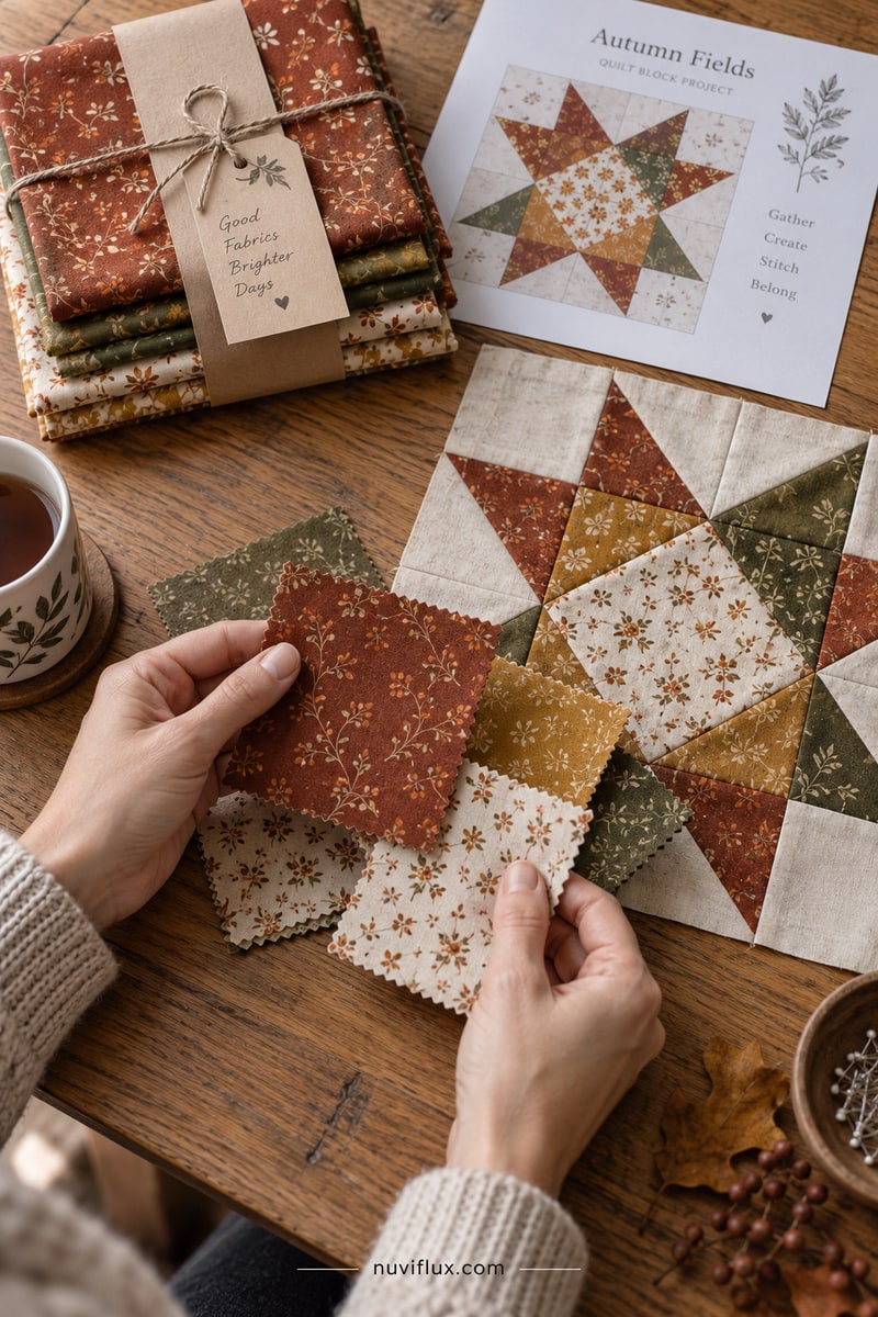 Original portrait concept scene for bundle fall fabrics with matching quilt patterns.