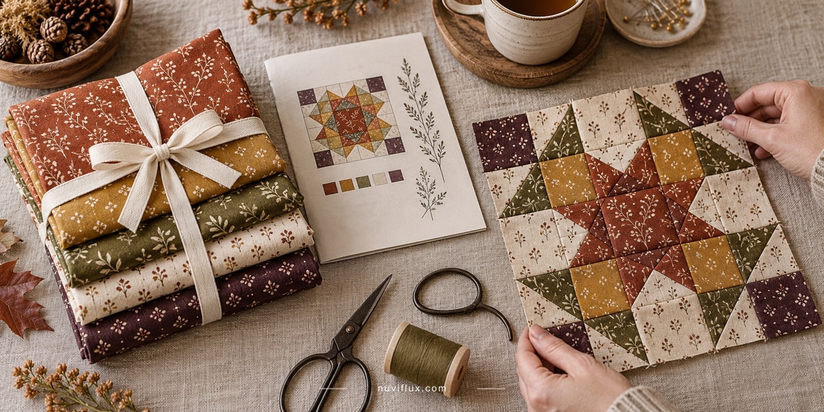 Original wide concept scene for bundle fall fabrics with matching quilt patterns.