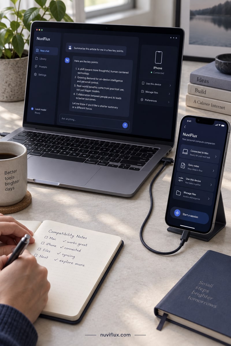 Vertical concept scene of a connected laptop and phone beside device-compatibility notes.