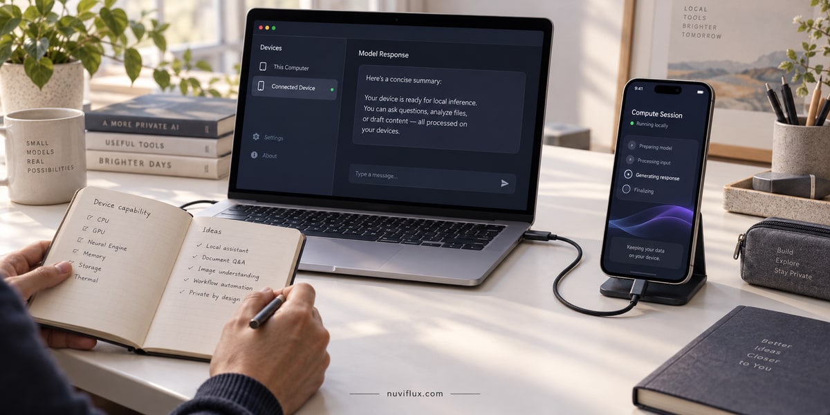 Concept local-inference workstation with a laptop and an awake phone connected by USB-C.