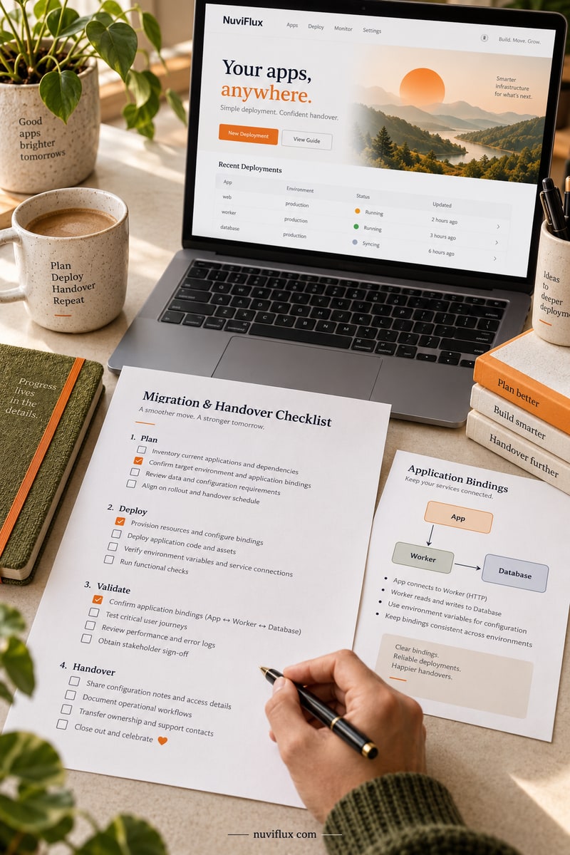 Portrait concept scene of a hand reviewing migration and handover notes beside a fictional app preview.