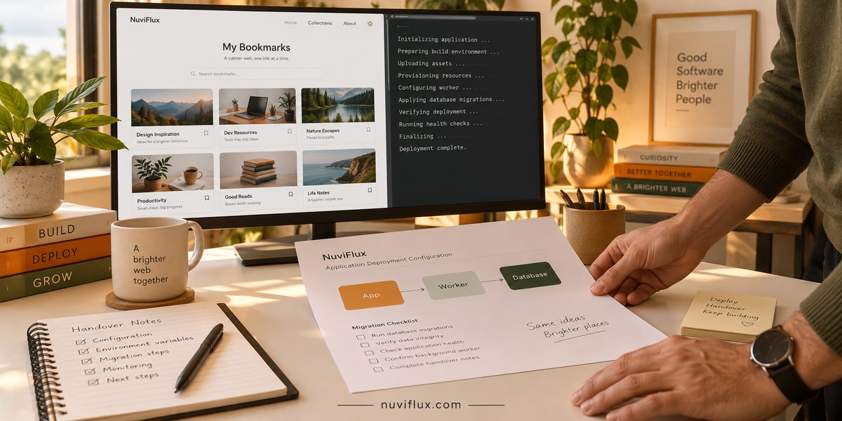 Concept scene of an application deployment desk with a fictional bookmark app, resource-binding sheet and checklist.