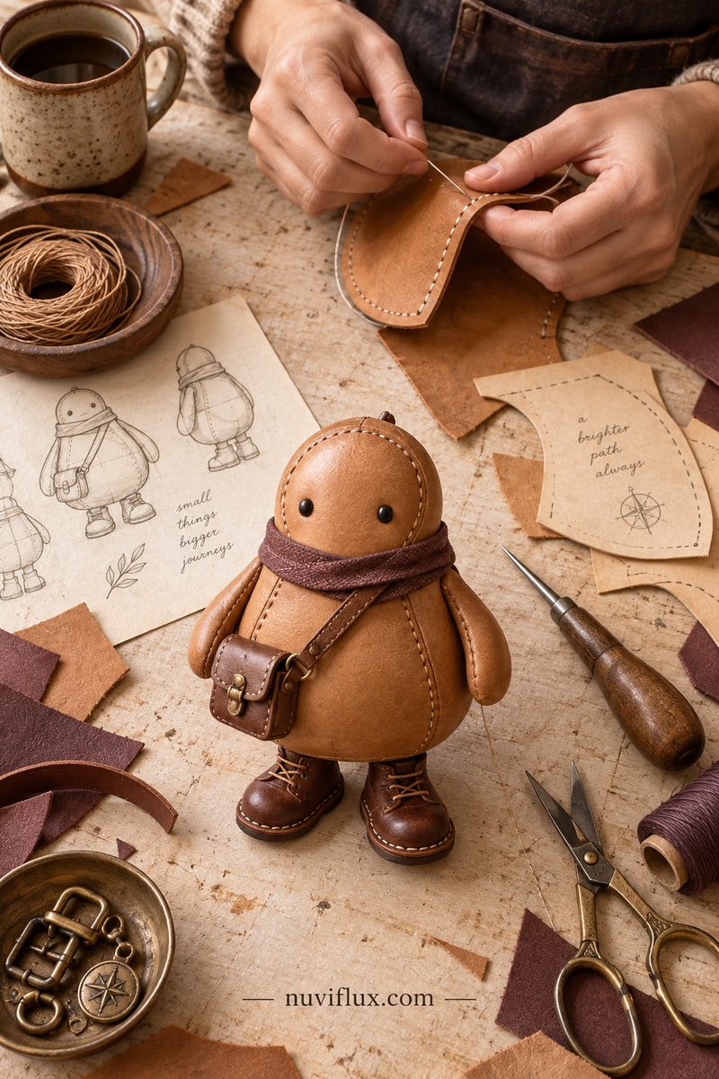 Portrait concept scene of an original rounded leather character beside pattern sketches and stitching work.