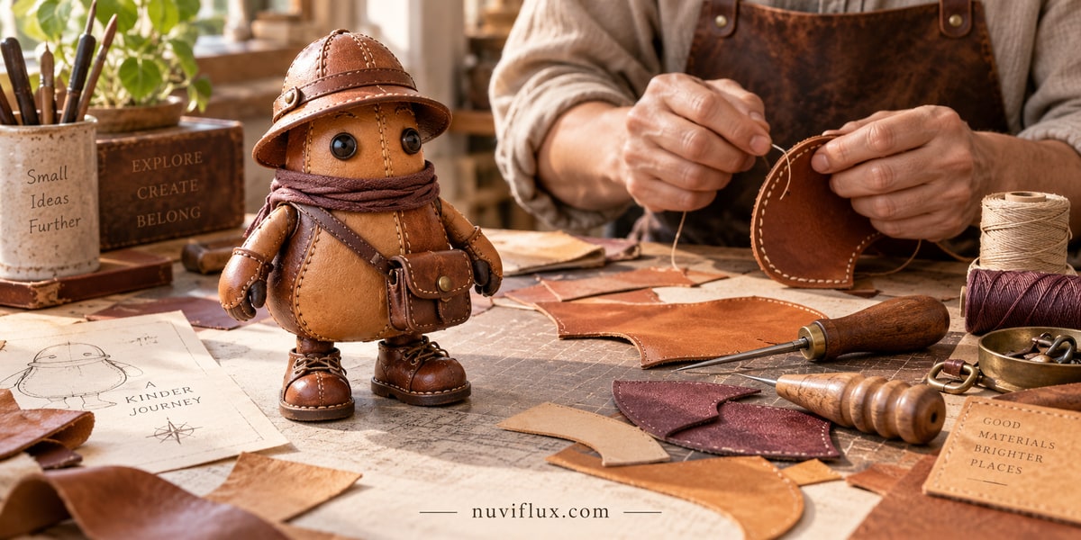 Concept scene of an invented leather explorer figure, stitching tools and a leatherworker's hands.