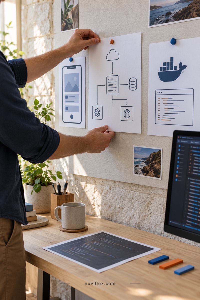 A consultant arranges backend architecture diagrams beside a generic service-log display.
