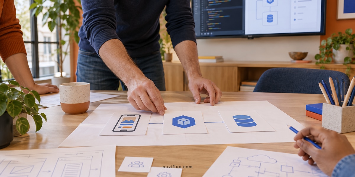 Hands arrange phone, backend-service and cloud-resource architecture cards during an engineering discussion.