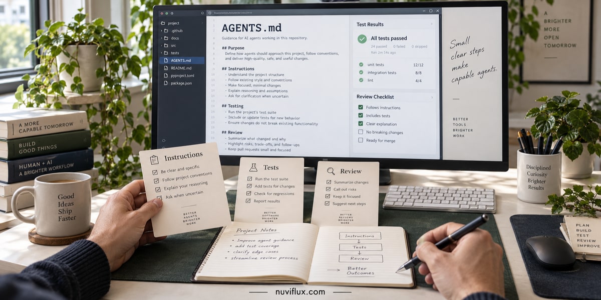 Concept scene of a project-instruction workstation with an AGENTS.md draft and testing-review cards.