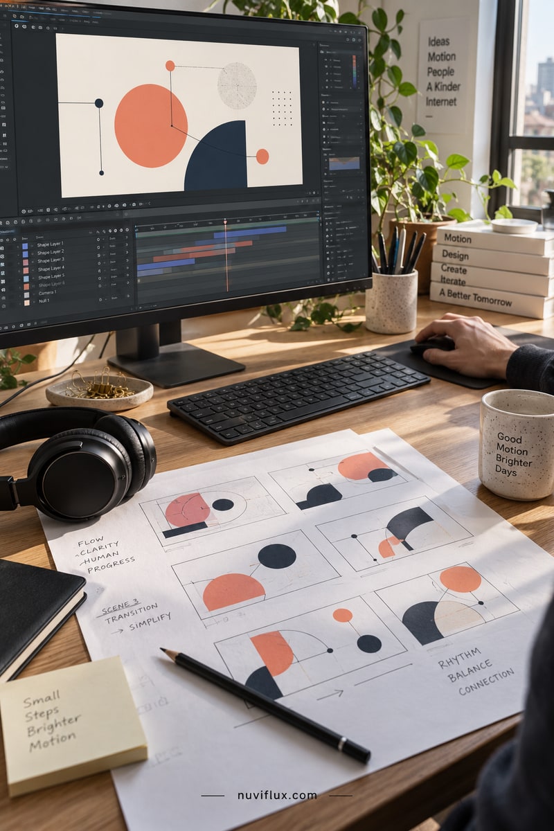 Portrait concept scene with a geometric storyboard, headphones and a matching animated layout on a monitor.