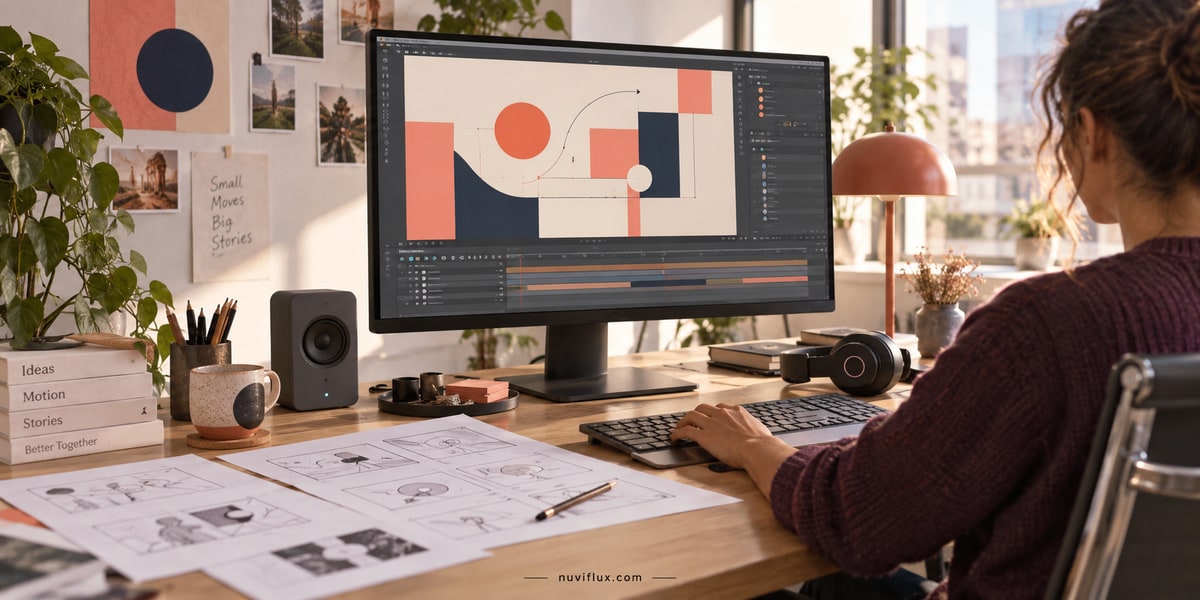 Concept scene of a designer working on abstract coral and navy motion graphics beside storyboard sheets.