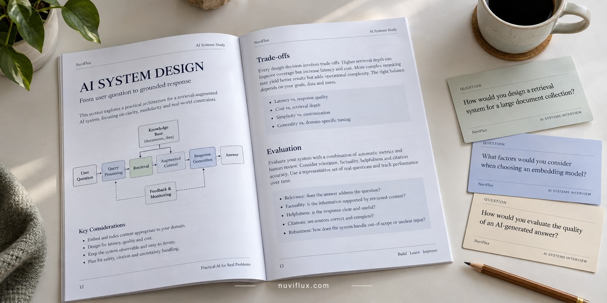 Original wide concept scene for create ai system design interview guides.