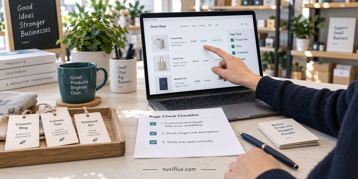 Concept scene of hands checking a fictional product page against a small-business task checklist.