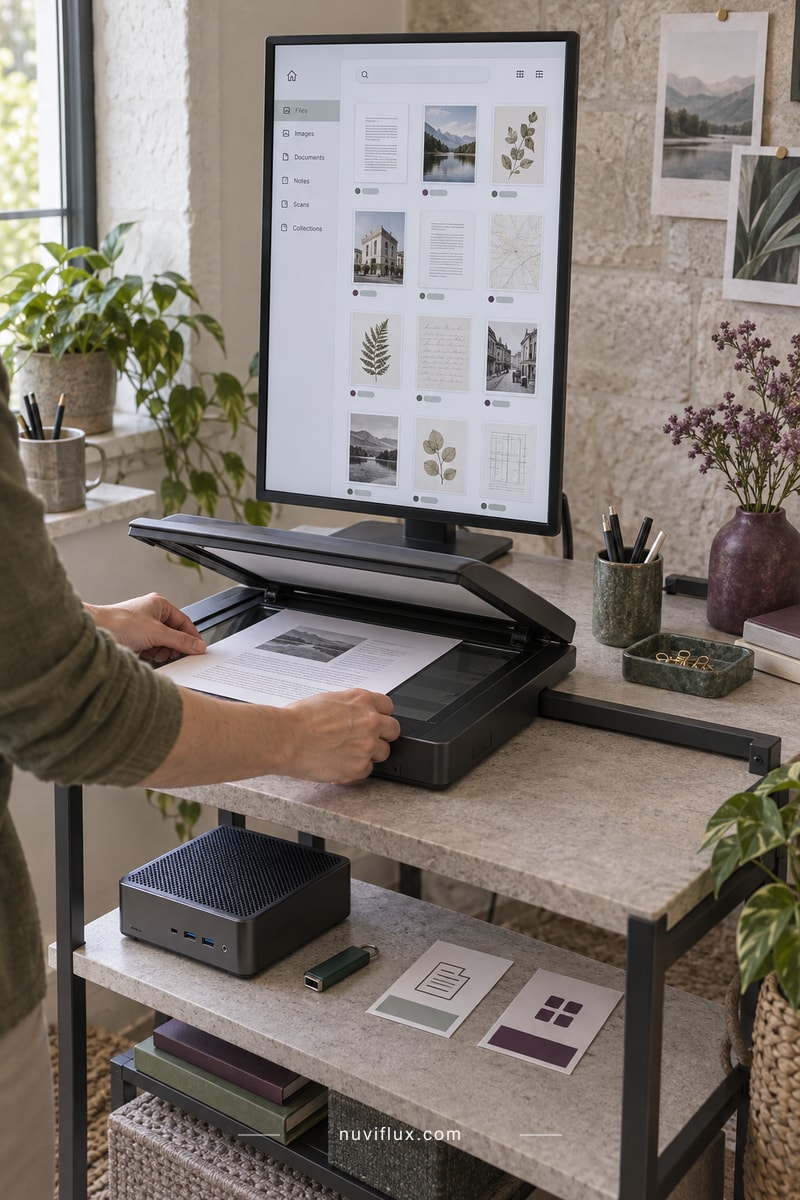A developer prepares a document at a scanner beneath a portrait-oriented local-file application display.