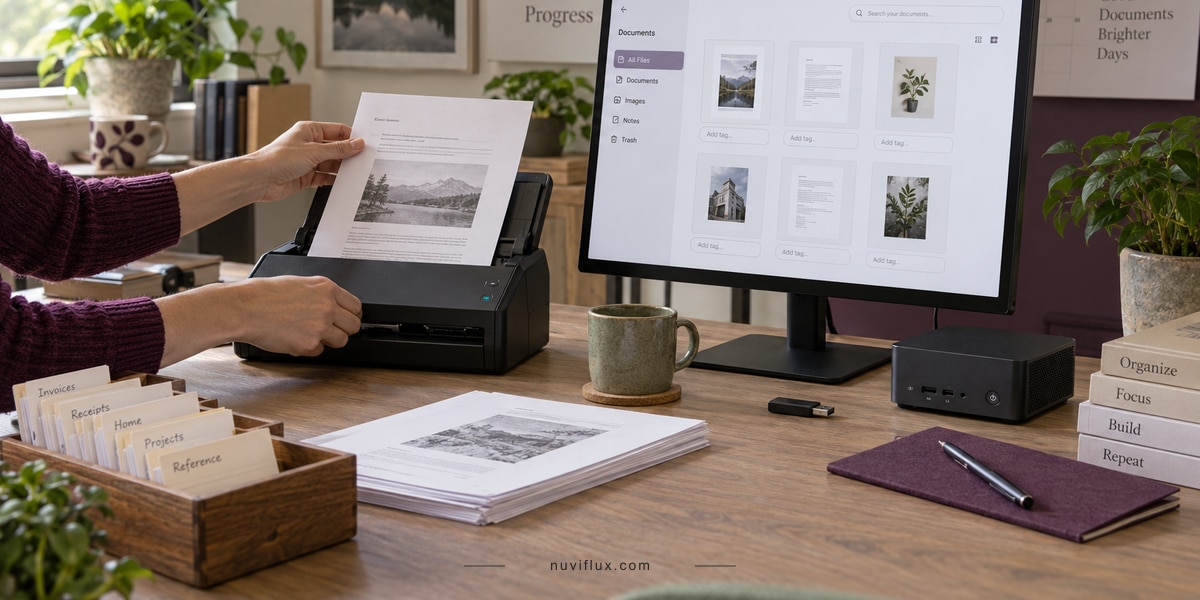 Hands place a plain document into a scanner beside a concept local document-organizer app and small PC.