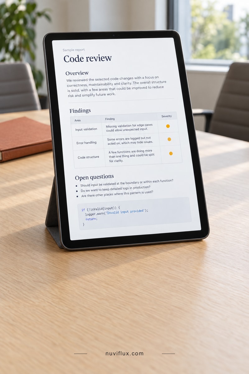 Concept code-review sample report on a portrait tablet at a meeting table, with a closed document folder nearby.