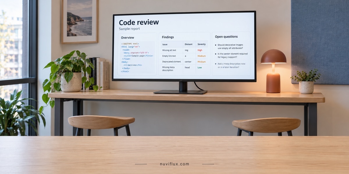 Concept code-review sample report displayed on a monitor in an empty studio review corner.