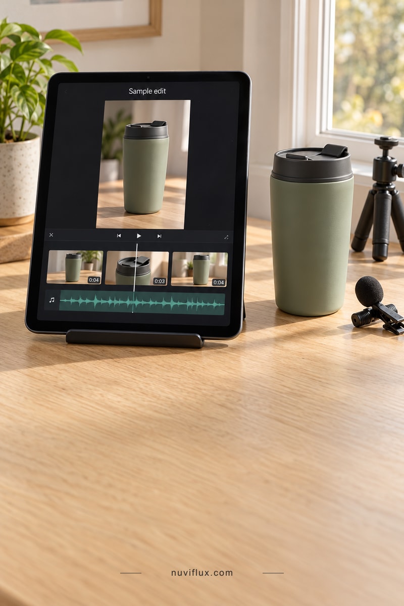 A concept editing station with a vertical product-demo preview, video clips and an audio waveform on a tablet.